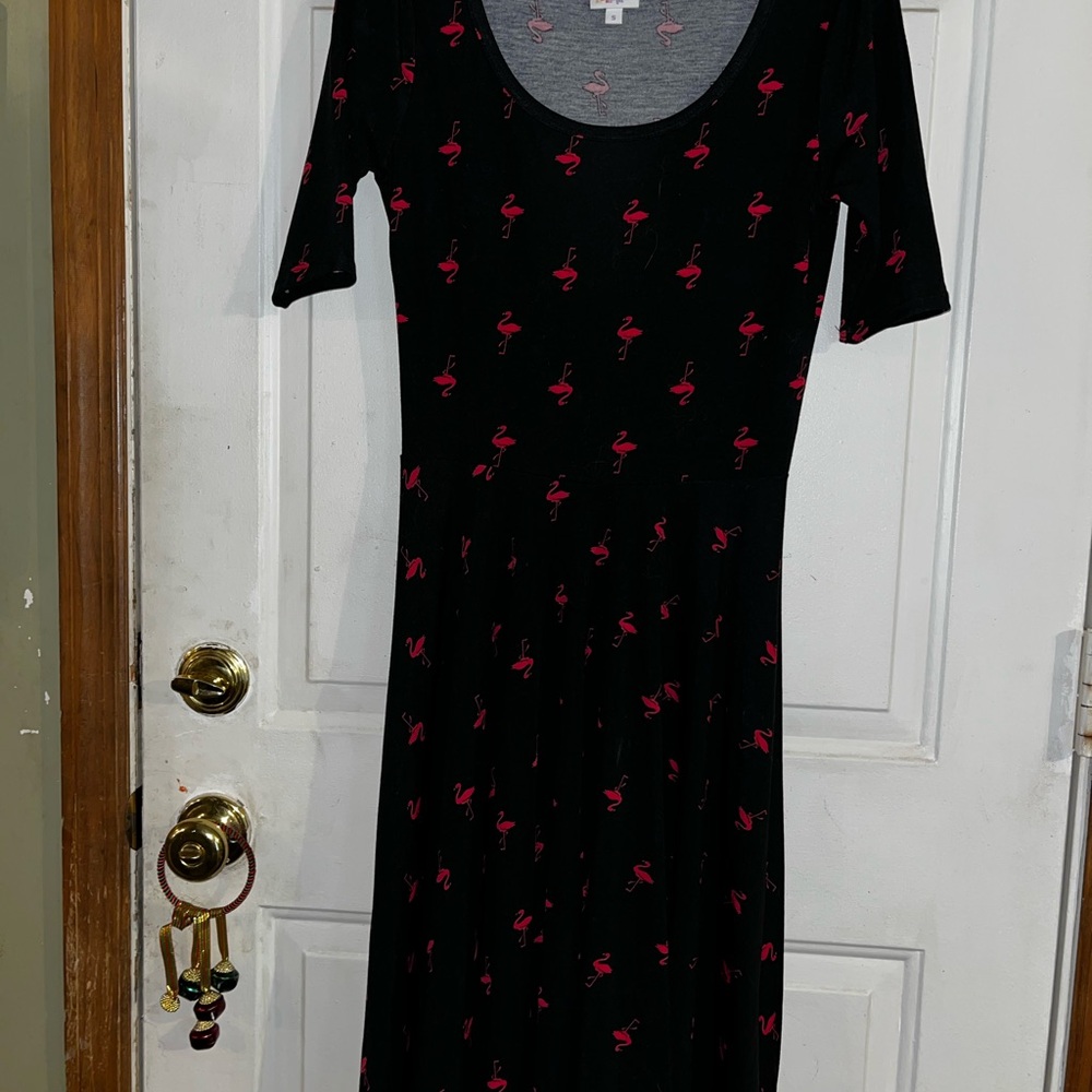 LuLaRoe Black Dress with Pink Flamingo Pattern